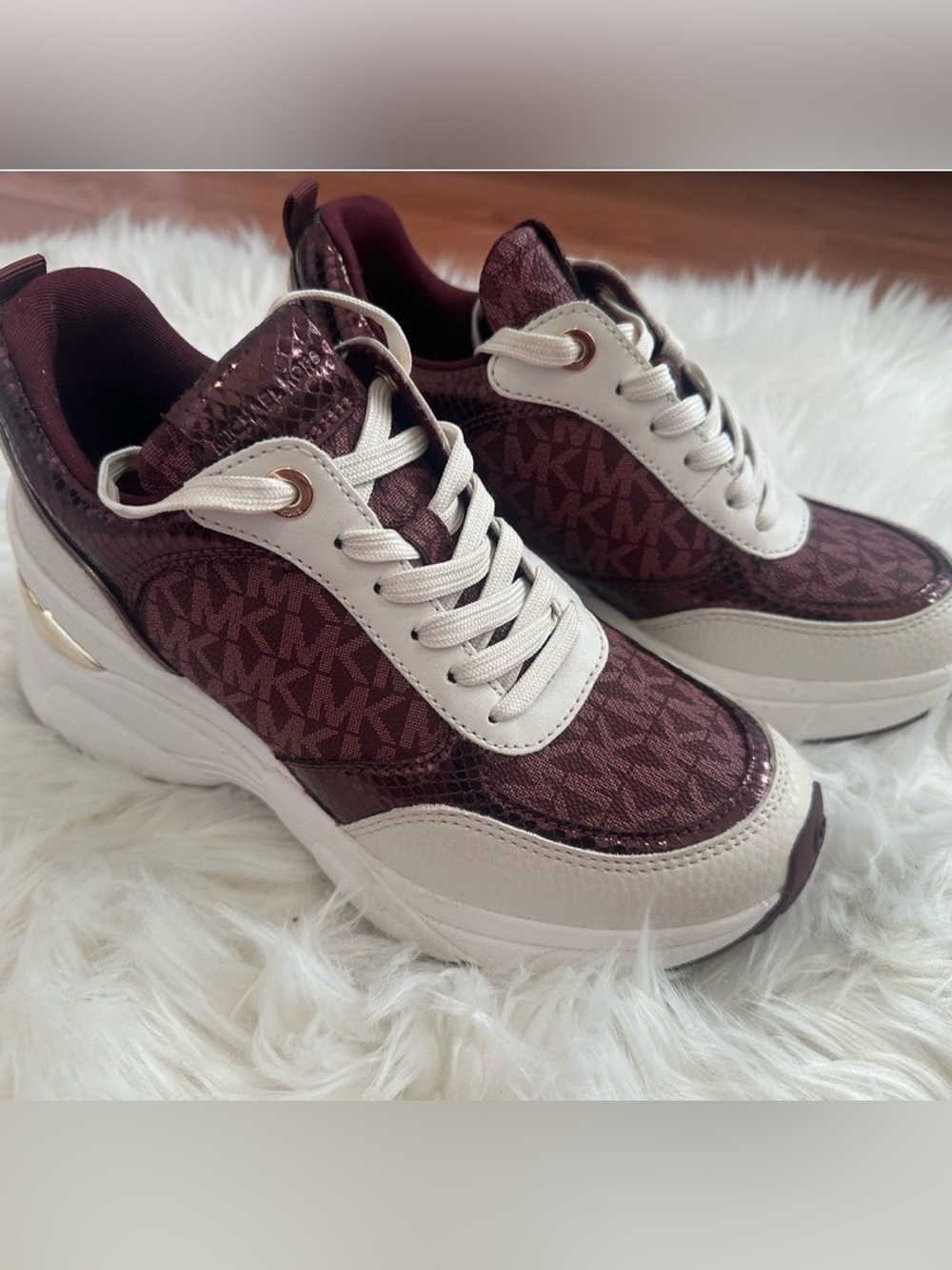 Michael Kors Women's Burgundy and Cream MK Logo Sneakers Size8